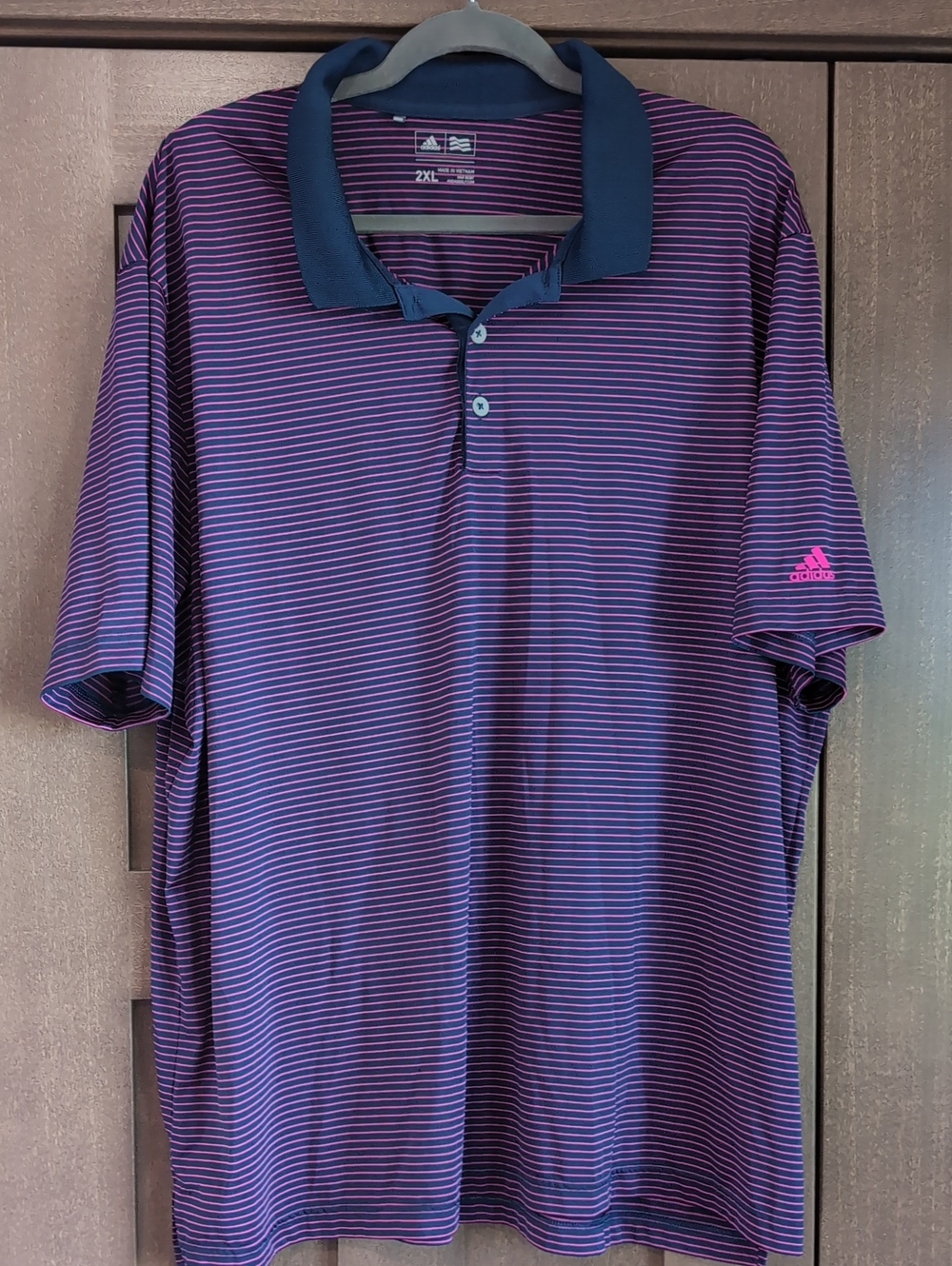 adidas Purple Polo with Pink Stripes and Navy Collar